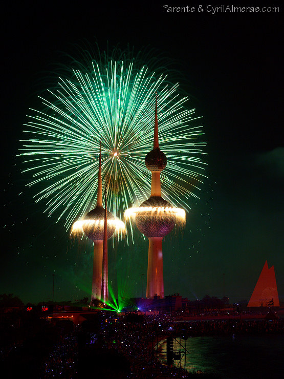 green fireworks kuwait towers